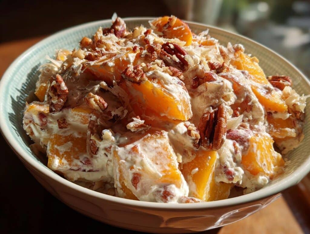 A close-up shot of a bowl filled with creamy Millionaire Peach Salad, topped with chopped pecans and shredded coconut.