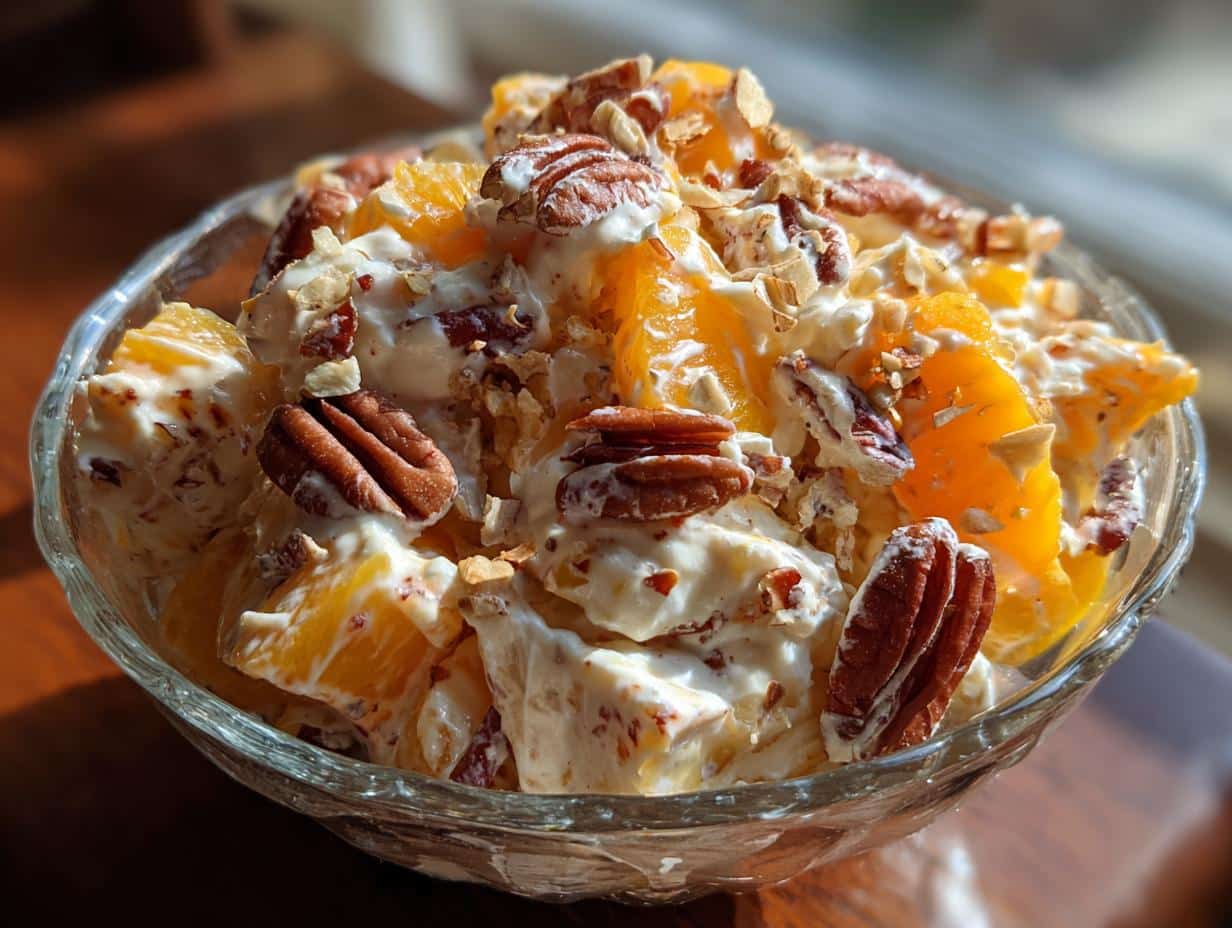 A close-up of a refreshing Millionaire Peach Salad Recipe in a glass bowl, topped with whole and chopped pecans.