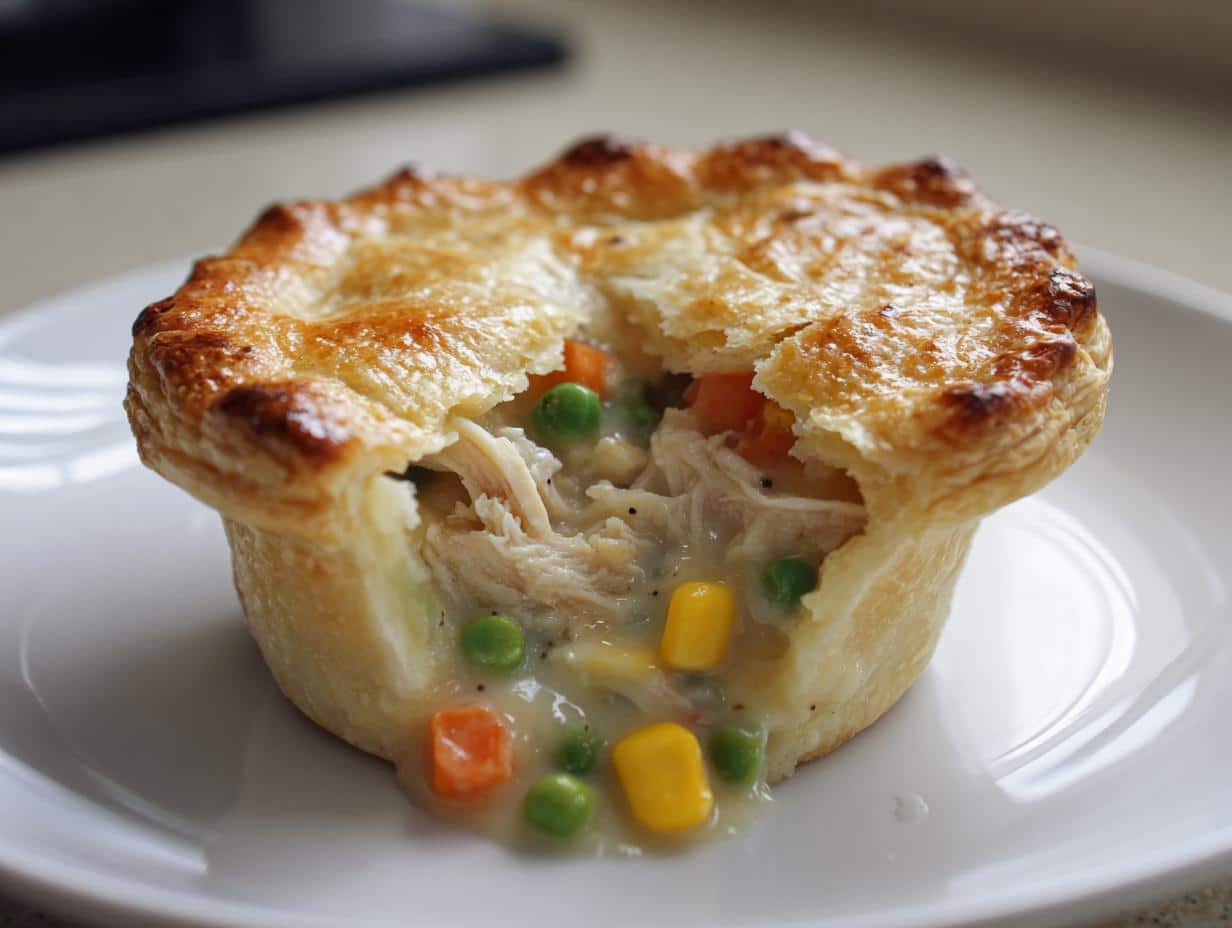 A close-up of a golden-brown mini turkey pot pie on a white plate, with a broken crust revealing creamy turkey, peas, carrots, and corn filling.