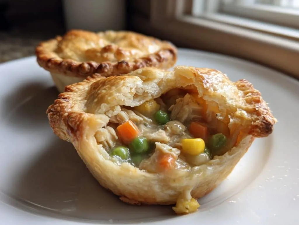 A close-up of a mini turkey pot pie, with the golden-brown crust partially broken to reveal the creamy filling of turkey, peas, carrots, and corn.