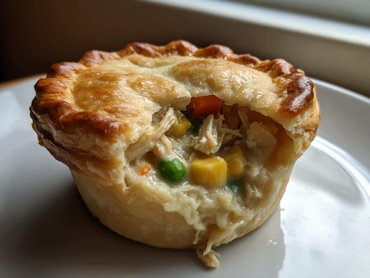 A close-up of a mini turkey pot pie on a white plate, showing the golden crust and creamy filling with peas, carrots, and corn.
