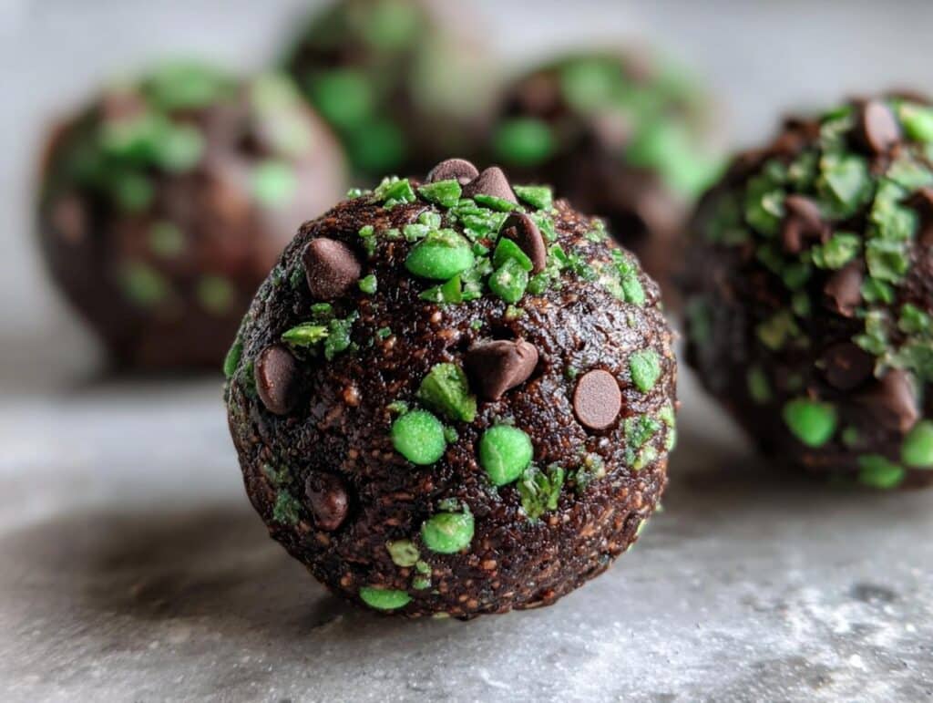 A single Mint Chocolate Chip Protein Ball, rich brown with green mint chips and chocolate chips, in sharp focus.