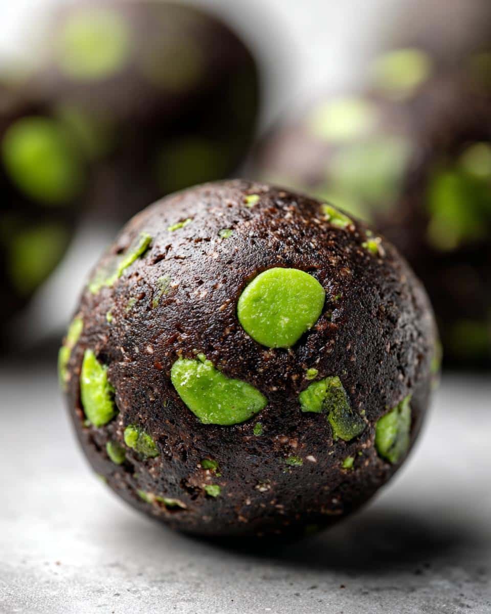 A close-up shot of a single Mint Chocolate Chip Protein Ball, showing its dark brown base and vibrant green chips.