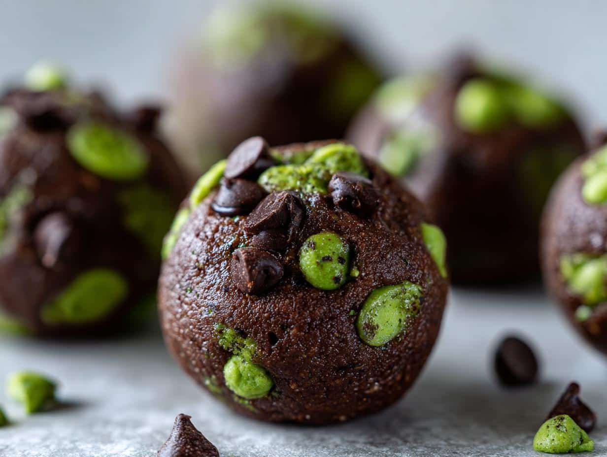 Close-up of a single Mint Chocolate Chip Protein Ball, rich brown with green chips and chocolate chips.