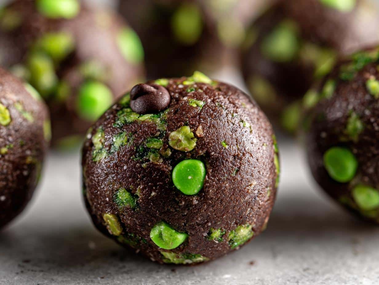 A single Mint Chocolate Chip Protein Ball, rich brown with vibrant green and dark chocolate chips, on a light surface.