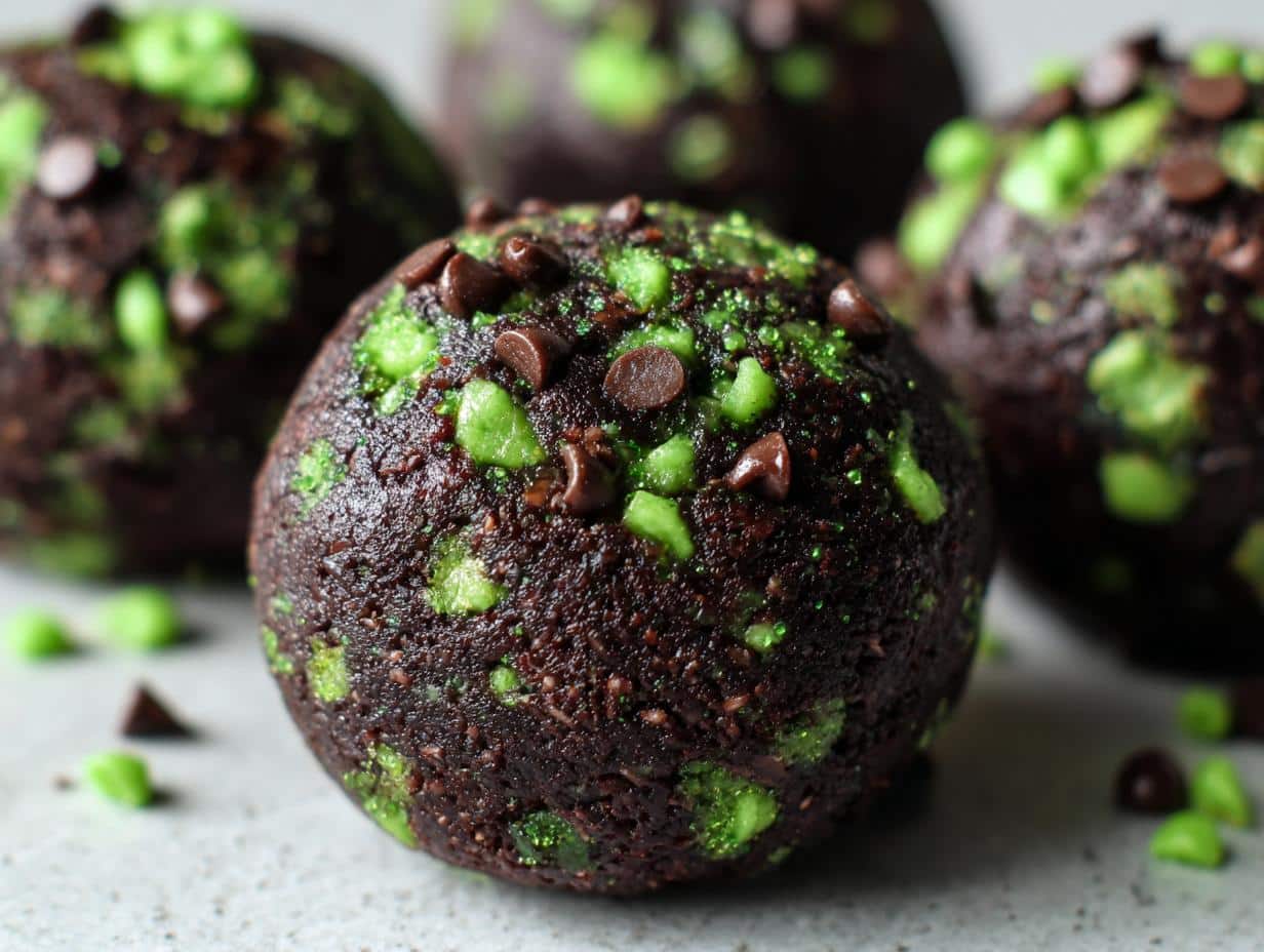 Close-up of a single Mint Chocolate Chip Protein Ball, rich brown with green specks and mini chocolate chips.