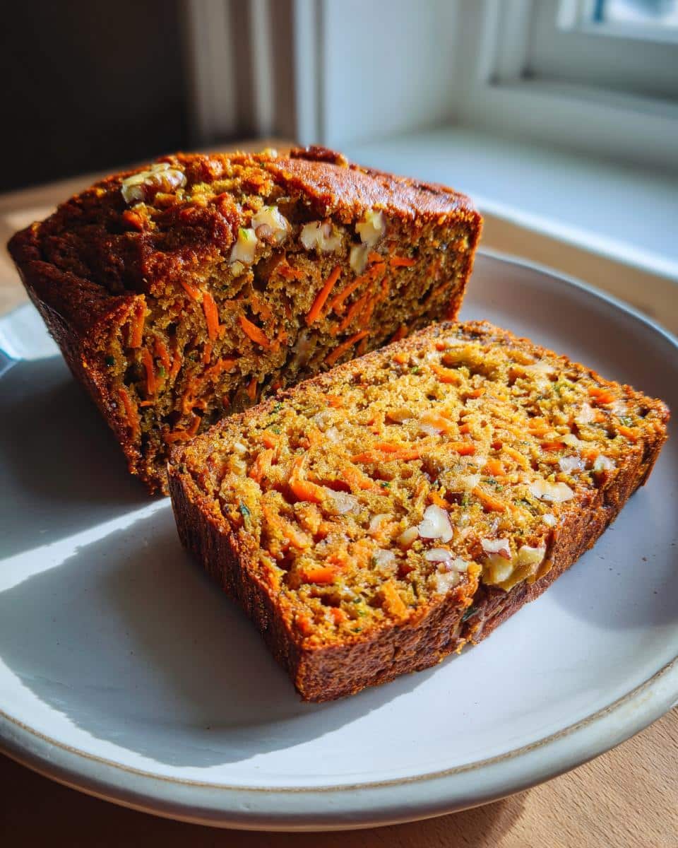 A whole loaf and a sliced piece of moist carrot apple zucchini bread on a white plate, showing carrots, zucchini, and walnuts.