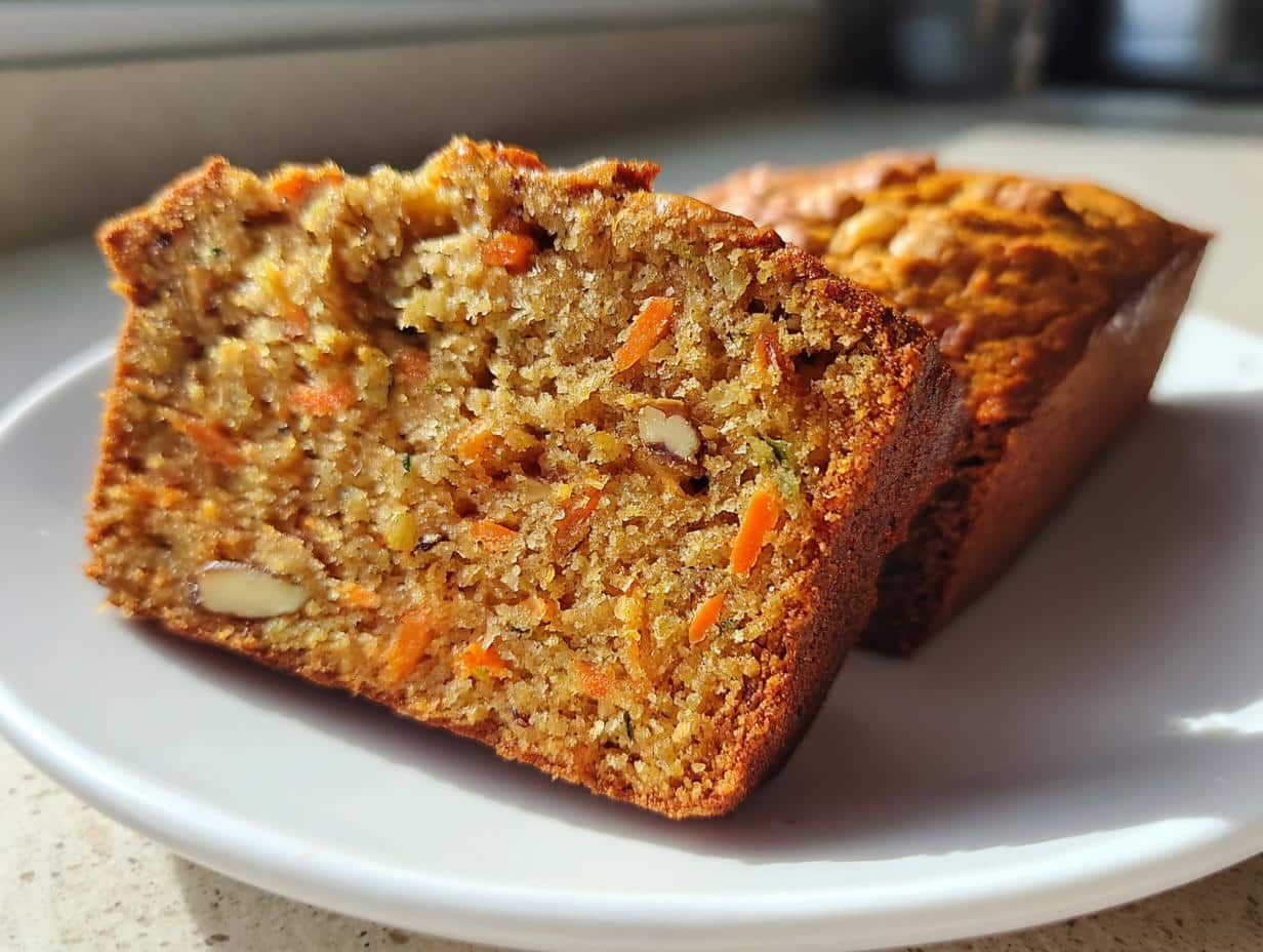Close-up of a slice of moist carrot apple zucchini bread on a white plate, showing carrots, zucchini, and nuts.