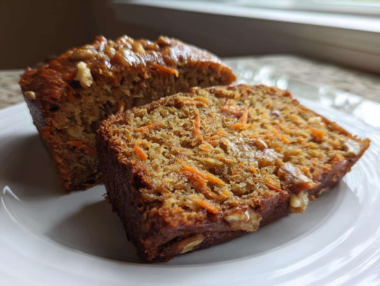 Two thick slices of moist carrot apple zucchini bread on a white plate, showing shredded carrots and walnuts.
