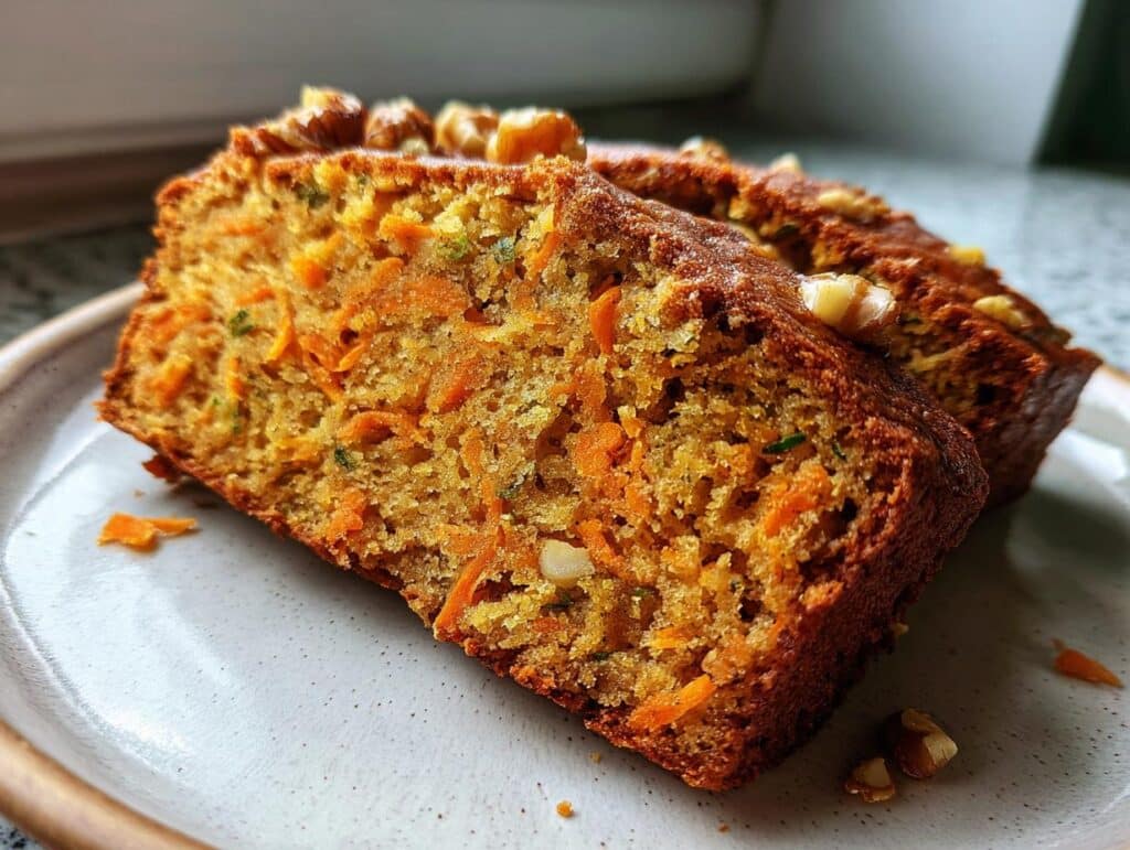 Two slices of moist carrot apple zucchini bread on a plate, showing shredded carrots, zucchini, and walnuts.