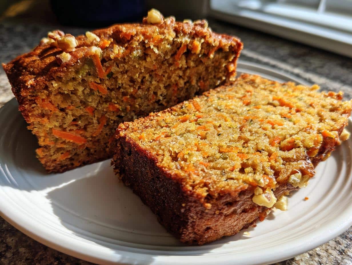 Two thick slices of moist carrot apple zucchini bread on a white plate, showing visible carrots, zucchini, and walnuts.