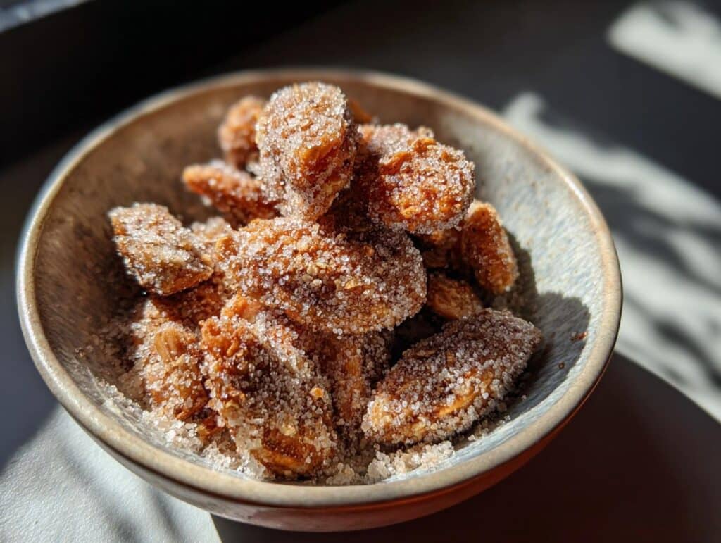 Close-up of Nature’s Cereal in a bowl, featuring fruit pieces coated in sugar.