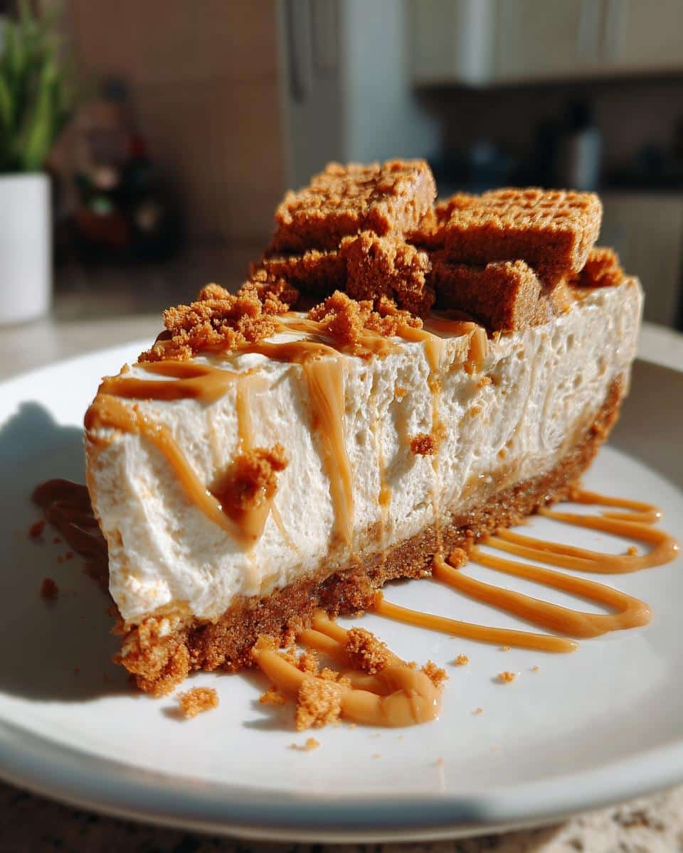 A close-up of a slice of creamy no-bake Biscoff cheesecake with a cookie crust, drizzled with Biscoff spread and topped with Biscoff cookies and crumbs.