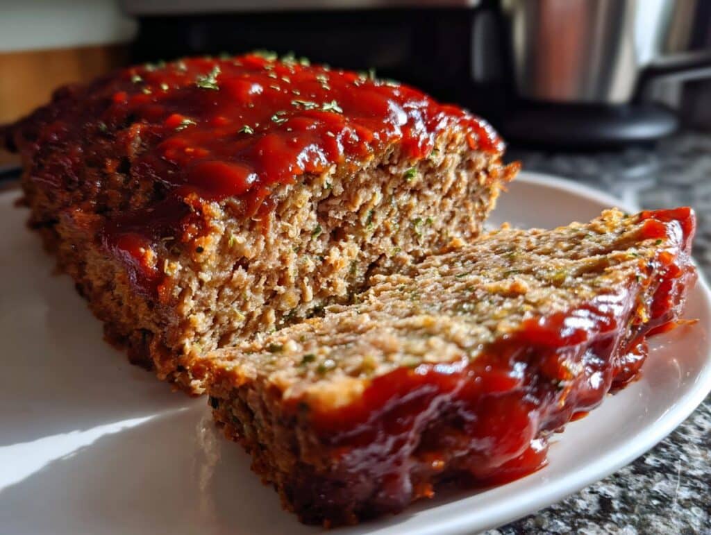 A freshly baked Old-Fashioned Beef Meatloaf with a rich, glossy ketchup glaze and a slice cut out, showing its texture.