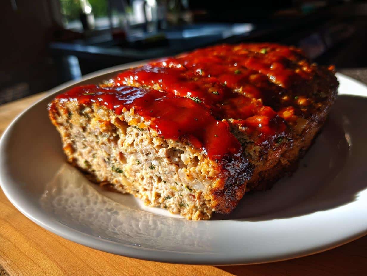 A close-up of a slice of Old-Fashioned Beef Meatloaf on a white plate, topped with a rich red glaze.