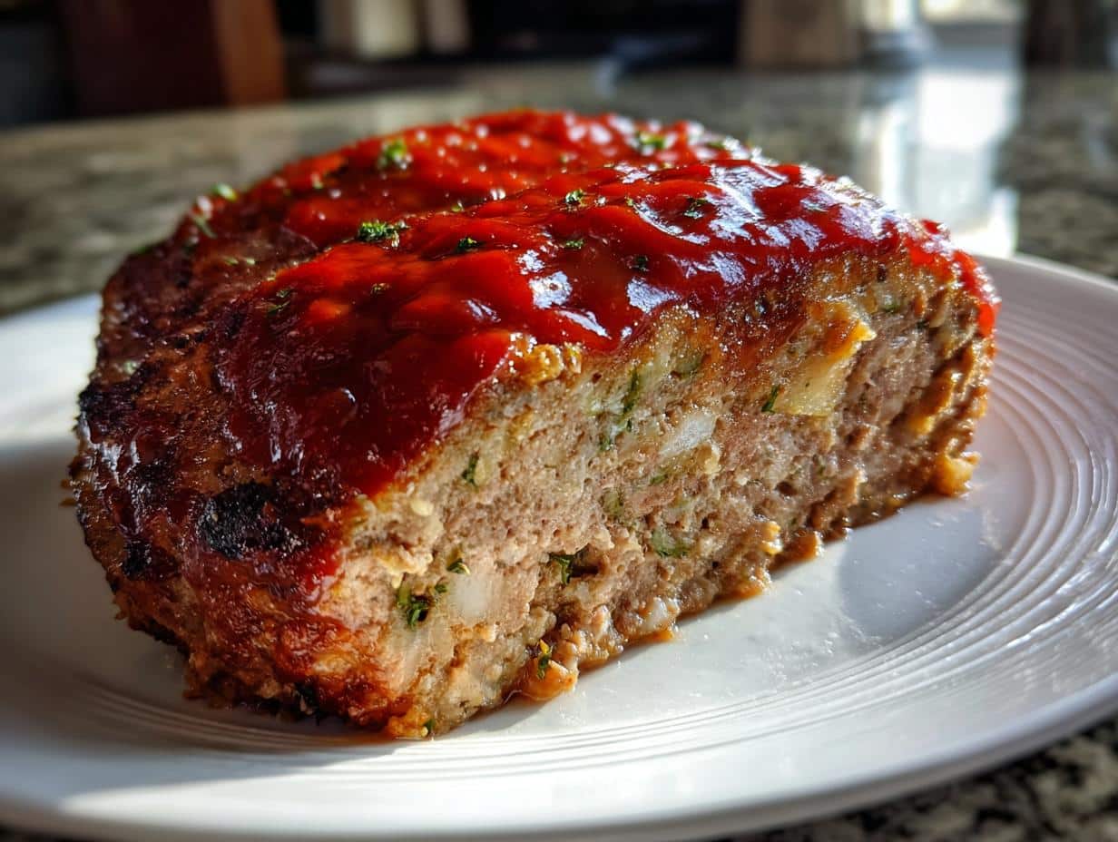A close-up of a thick slice of Old-Fashioned Beef Meatloaf on a white plate, topped with a shiny red ketchup glaze and parsley.