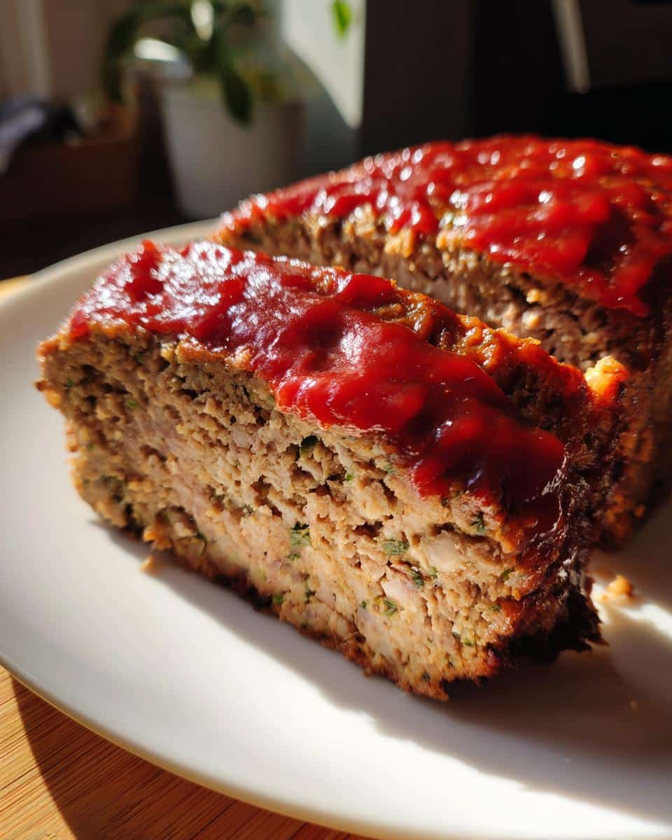 A close-up of a slice of Old-Fashioned Beef Meatloaf on a white plate, topped with a glossy red ketchup glaze.