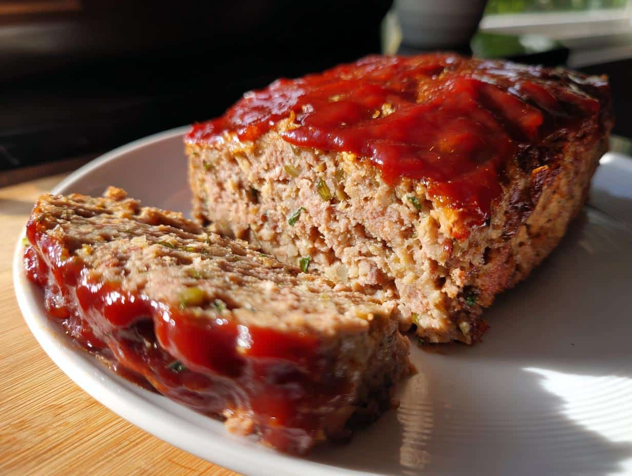 A whole Old-Fashioned Beef Meatloaf with a slice cut from it, both topped with a rich red glaze, on a white plate.