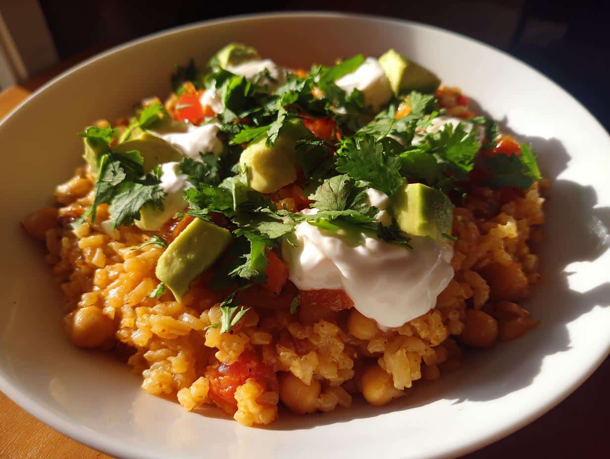 A close-up of a bowl of One-Pan Taco Chickpea & Rice, topped with diced avocado, sour cream, and fresh cilantro.
