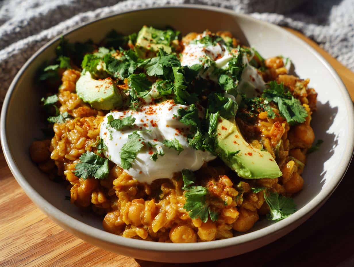 A close-up of a bowl of One-Pan Taco Chickpea & Rice, topped with sour cream, avocado, cilantro, and paprika.
