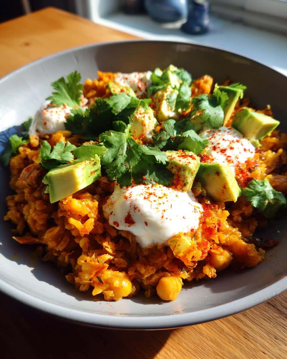 Close-up of a vibrant bowl of One-Pan Taco Chickpea & Rice, topped with fresh avocado, cilantro, and sour cream.
