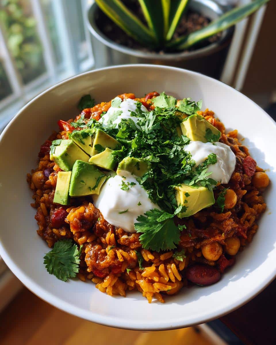 A close-up of a bowl of One-Pan Taco Chickpea & Rice, topped with diced avocado, sour cream, and fresh cilantro.
