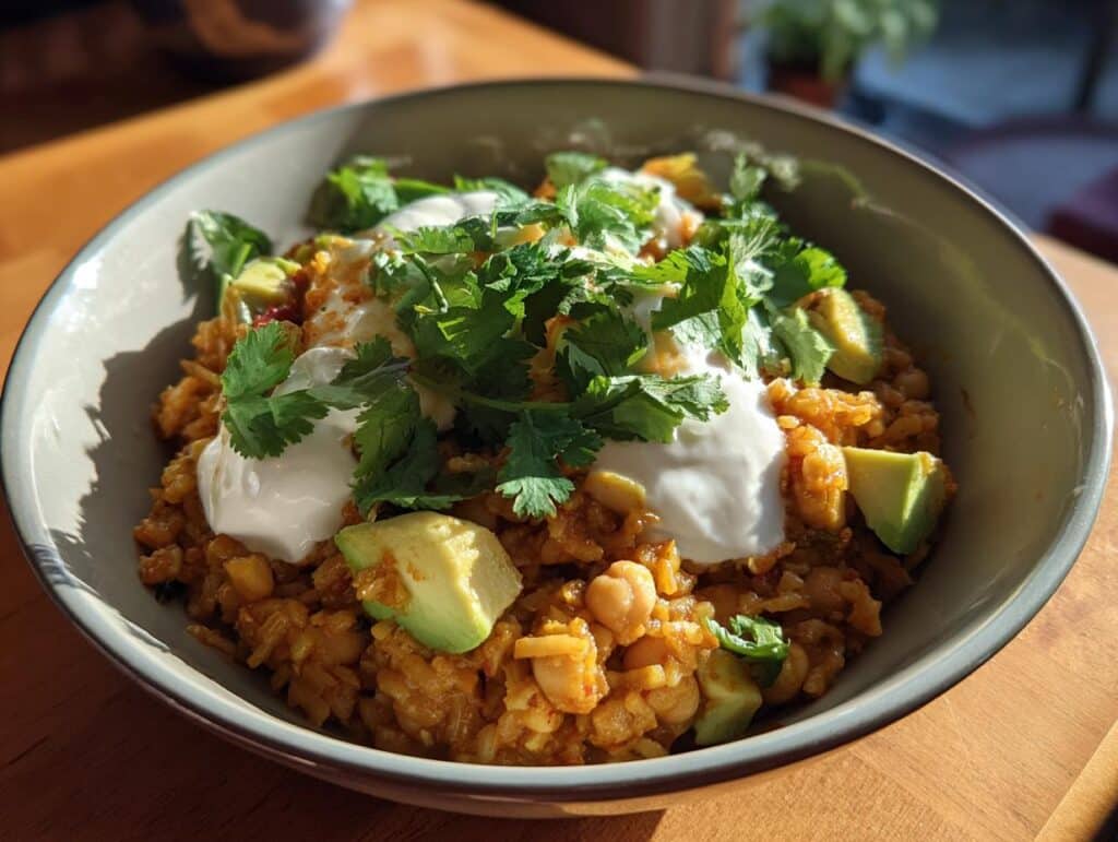 A close-up of a bowl of One-Pan Taco Chickpea & Rice, topped with sour cream, avocado, and fresh cilantro.