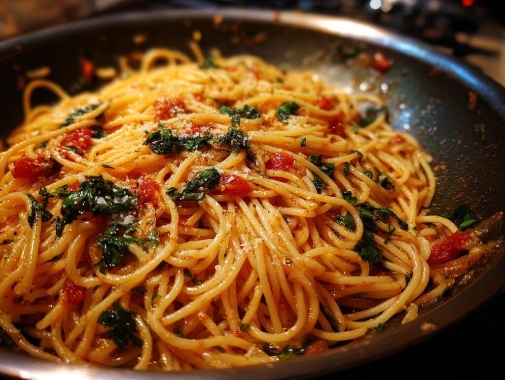 Close-up of One-Pot Pasta with spaghetti, tomatoes, basil, and parmesan cheese in a skillet.