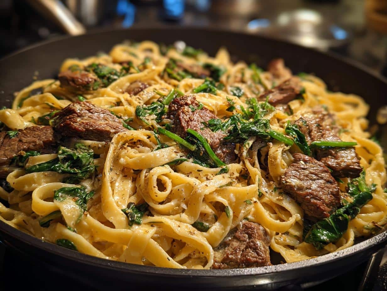 Close-up of One-Skillet Spicy Garlic Butter Parmesan Steak Pasta with fettuccine, steak pieces, and spinach in a creamy sauce.
