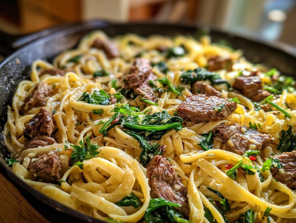 Close-up of One-Skillet Spicy Garlic Butter Parmesan Steak Pasta with fettuccine, steak pieces, spinach, and herbs in a skillet.