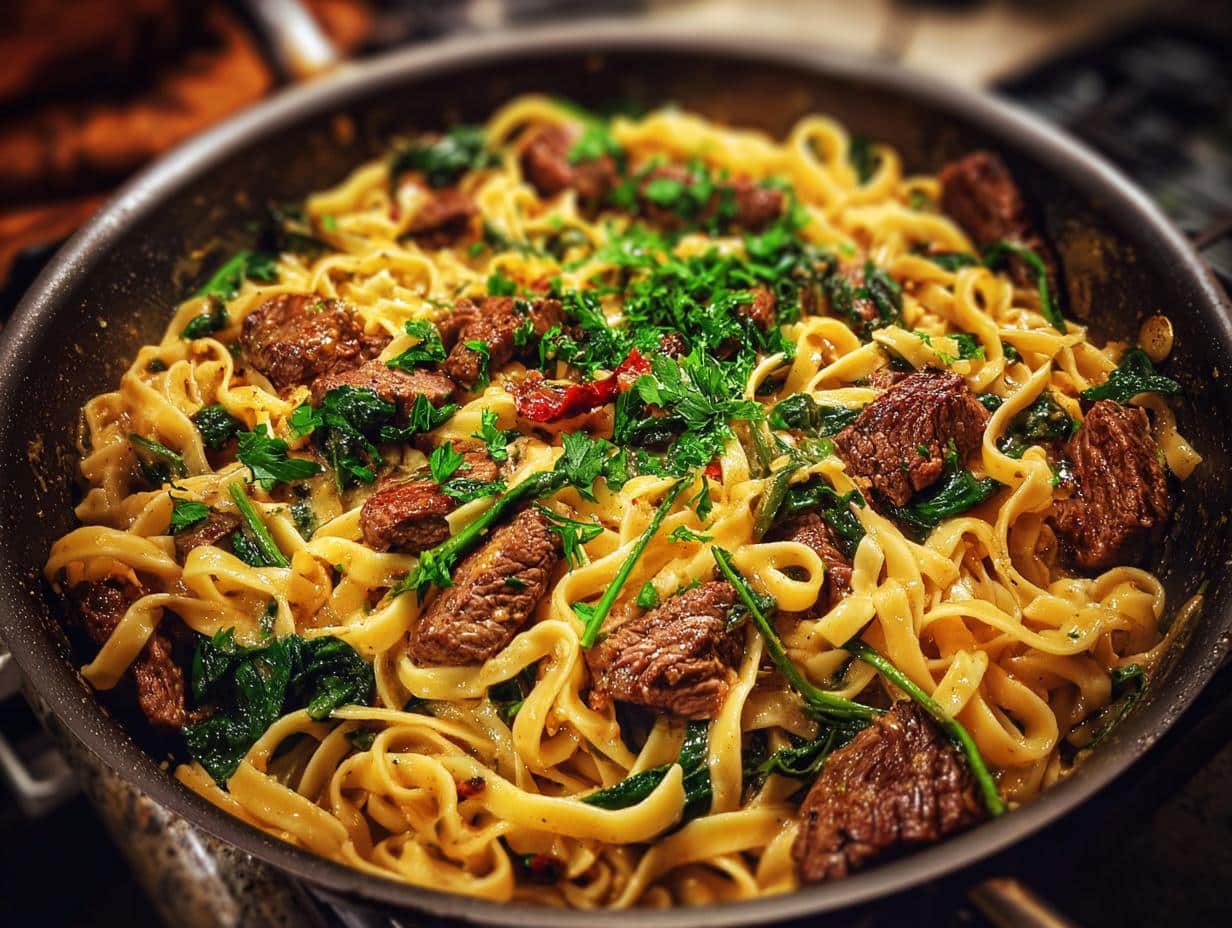 Close-up of One-Skillet Spicy Garlic Butter Parmesan Steak Pasta with fettuccine, steak pieces, spinach, and parsley in a pan.