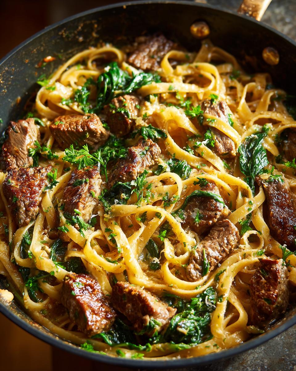 Close-up of One-Skillet Spicy Garlic Butter Parmesan Steak Pasta in a pan, featuring fettuccine, steak bites, spinach, and herbs.