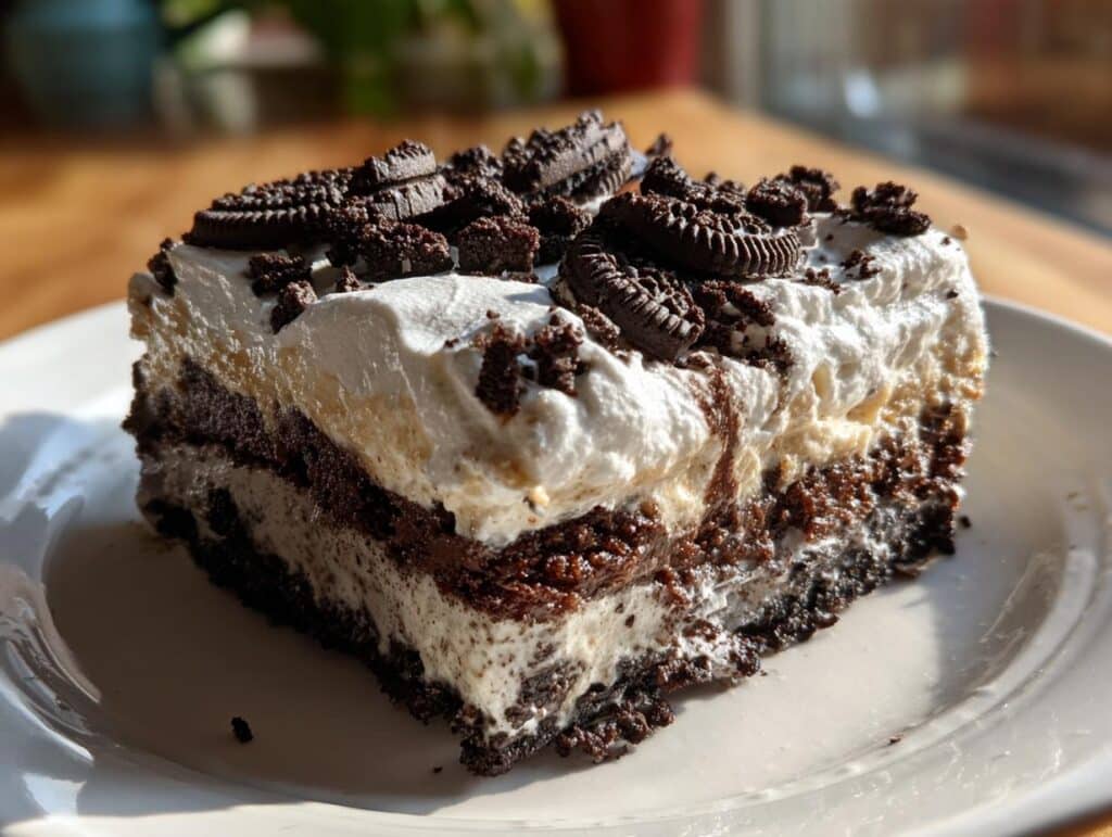 A slice of Oreo Dump Cake on a white plate, topped with whipped cream and Oreo cookie pieces.