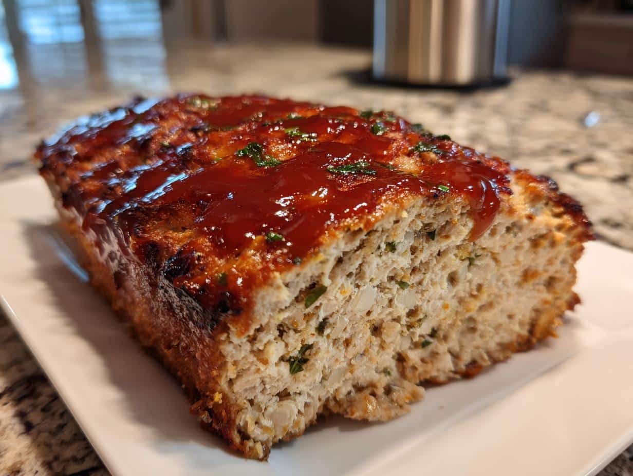 Close-up of a freshly baked Parmesan Chicken Meatloaf loaf, topped with a rich red glaze and green herbs on a white plate.