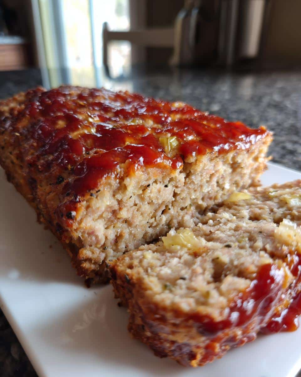 Close-up of a freshly baked Parmesan Chicken Meatloaf loaf with a slice cut, showing the texture and glaze.