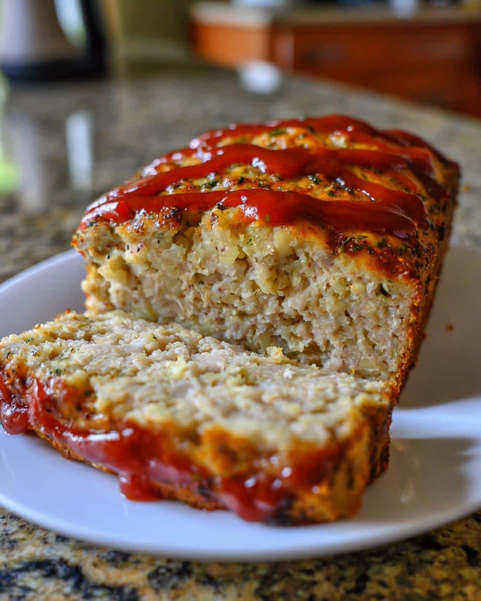A whole loaf of Parmesan Chicken Meatloaf with a slice cut, topped with a vibrant red ketchup glaze.