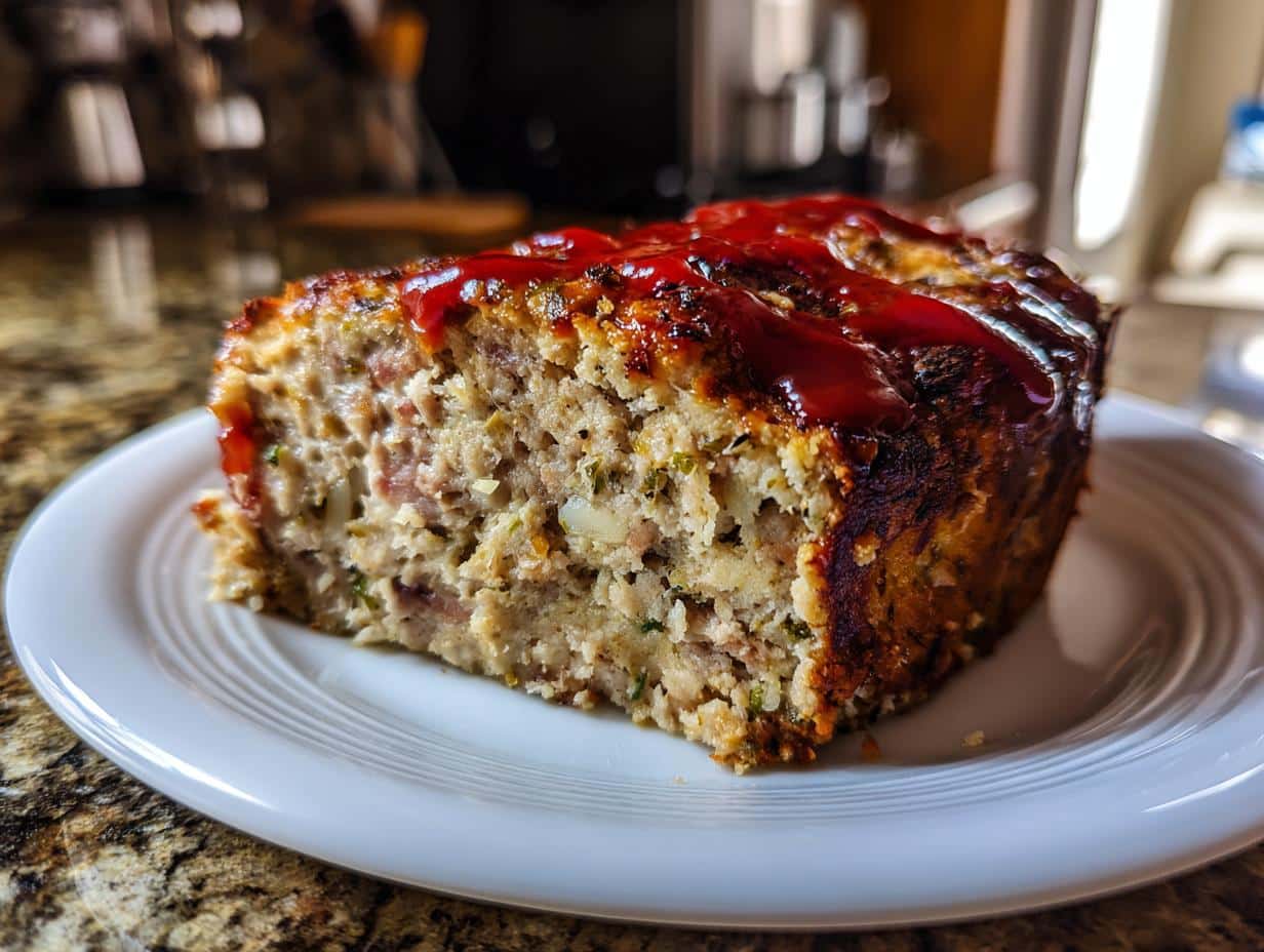 A close-up of a generous slice of Parmesan Chicken Meatloaf, topped with a rich red ketchup glaze, on a white plate.