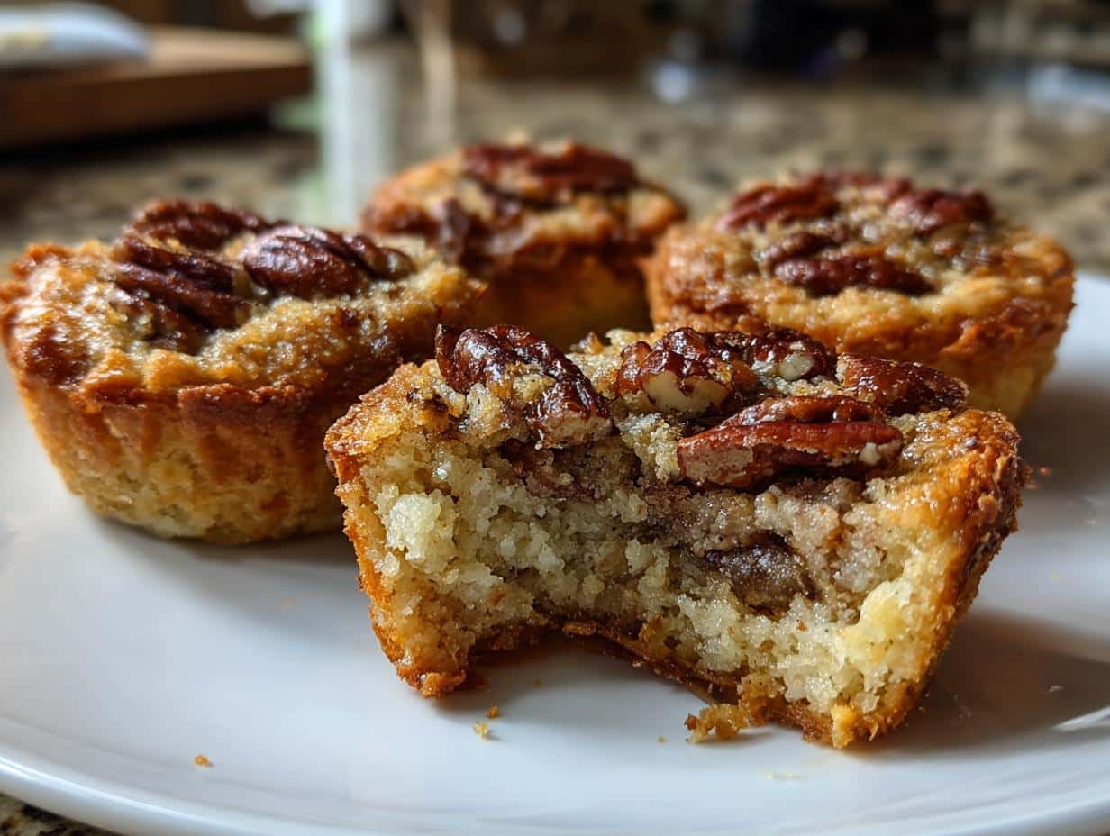 Close-up of a pecan tassie with a bite taken out, showing the moist interior and pecan topping. This is a delicious pecan tassies recipe.