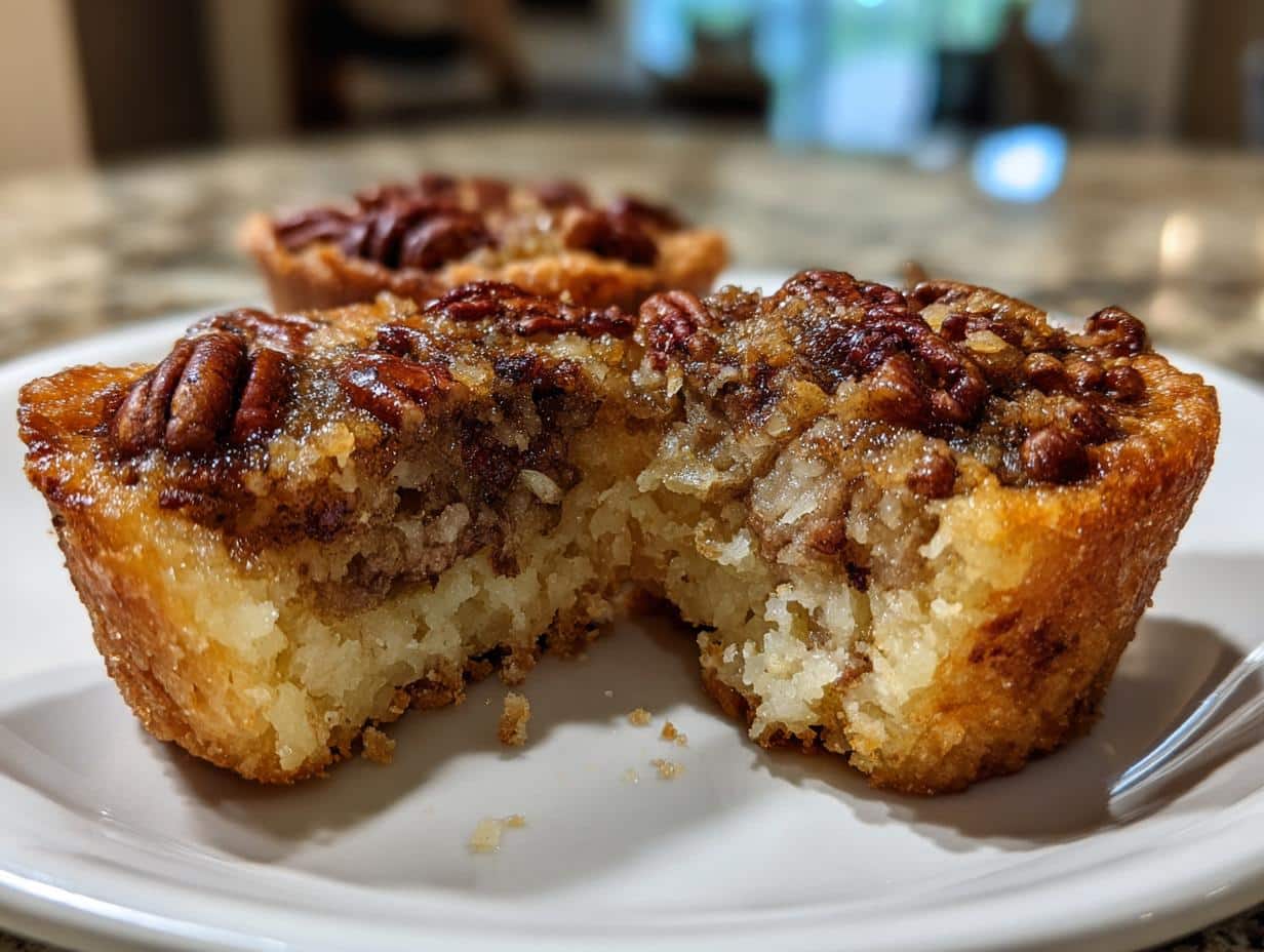 Close-up of a pecan tassie on a white plate with a bite taken out, showing the buttery crust and gooey pecan filling. This is a delicious pecan tassies recipe.