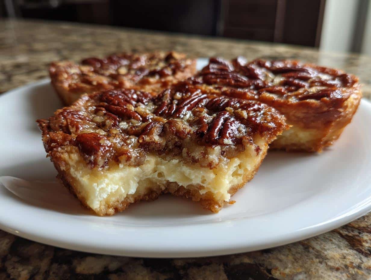 Close-up of a pecan tassie with a bite taken out, showing the creamy filling and pecan topping. pecan tassies recipe.