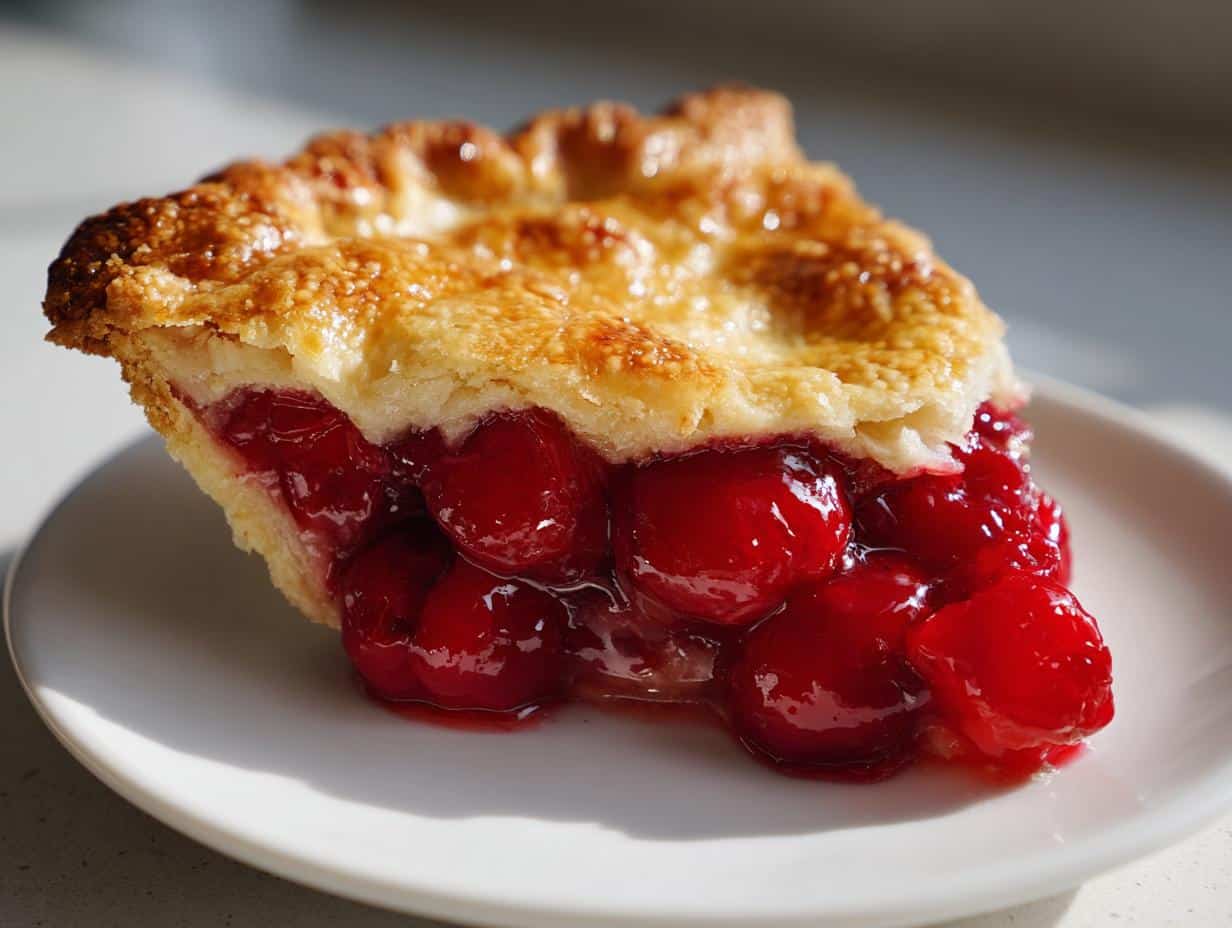 Close-up of a slice of The Perfect Cherry Pie Recipe on a white plate, showing golden-brown crust and glistening red cherry filling.