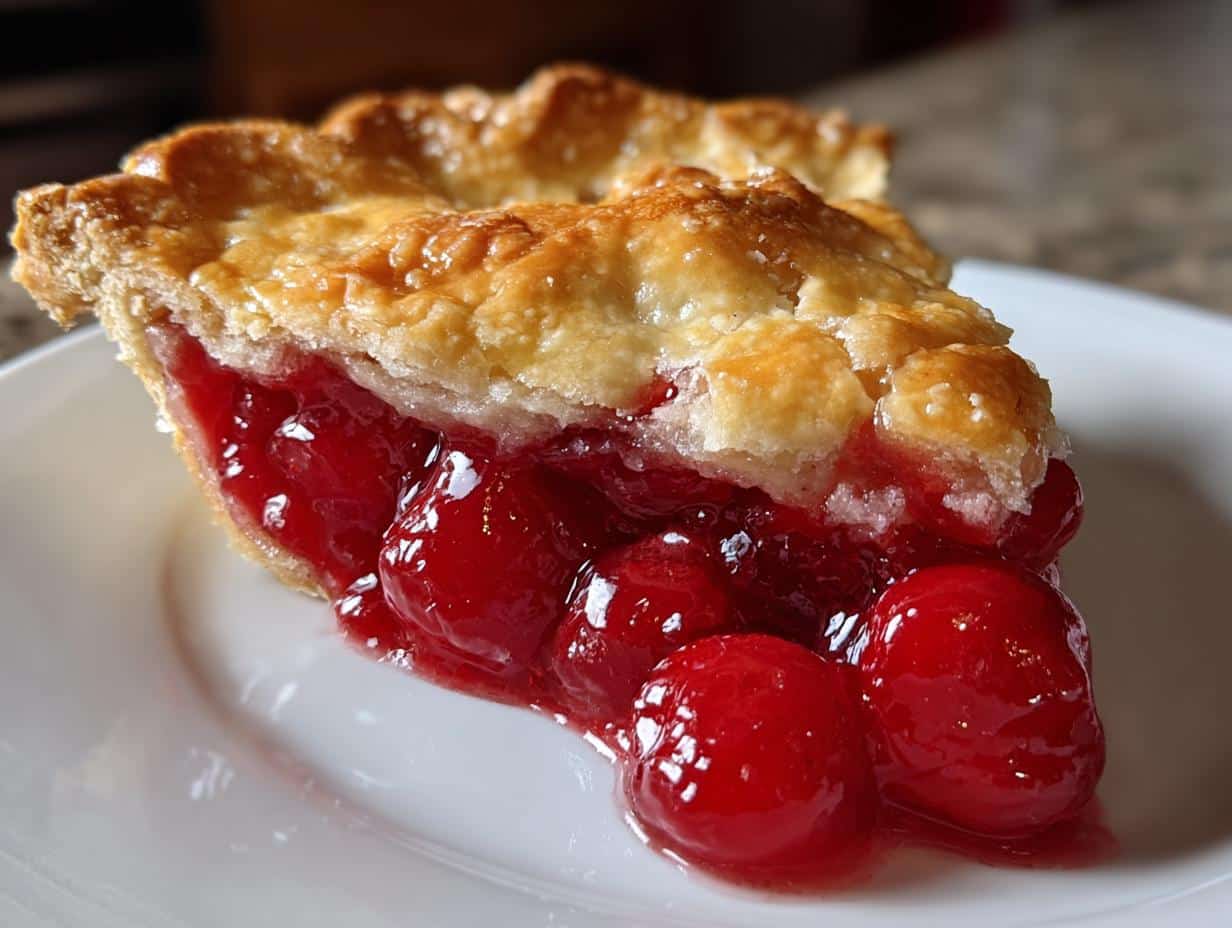 Close-up of a slice of The Perfect Cherry Pie Recipe on a white plate, showing glossy red cherry filling and golden-brown crust.