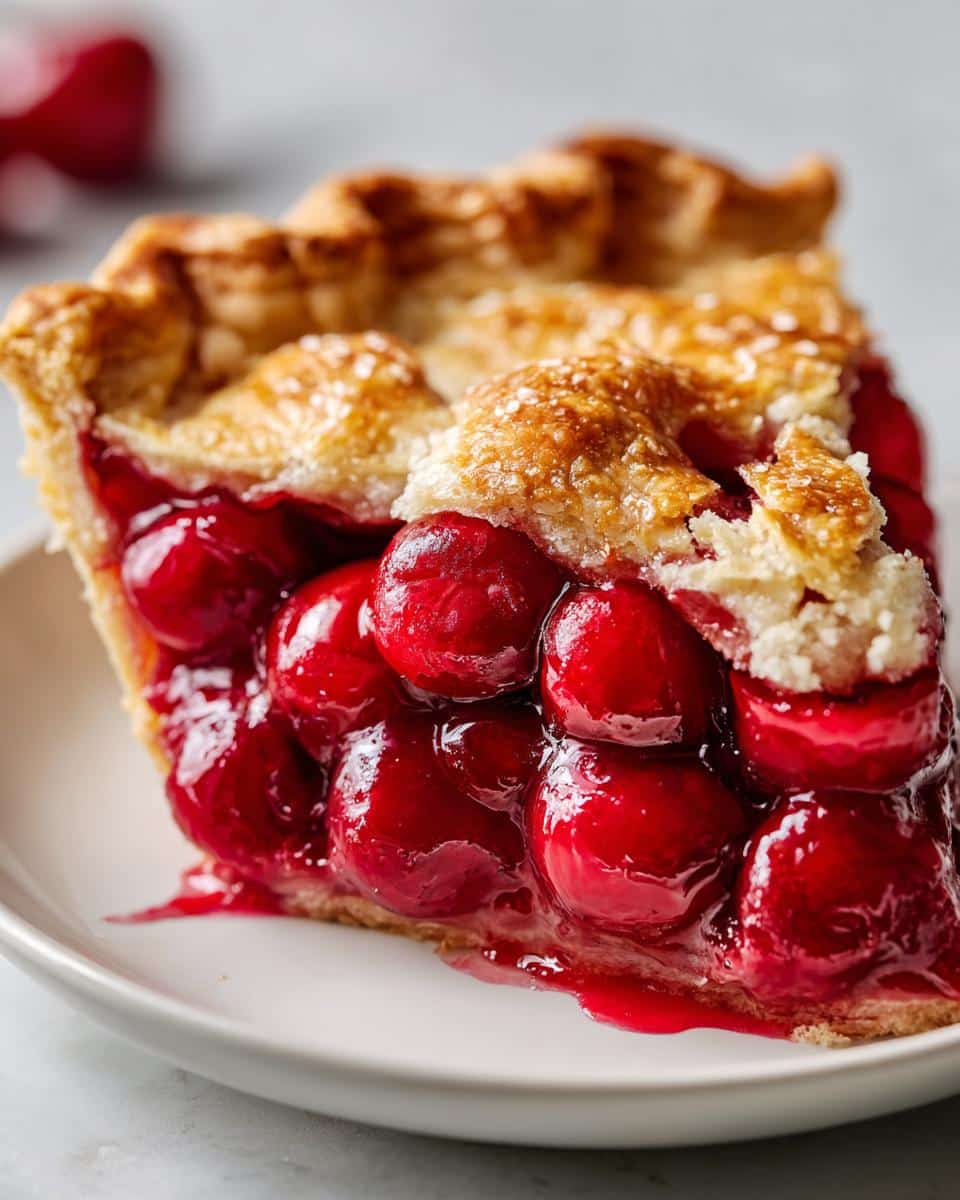A close-up shot of a slice of The Perfect Cherry Pie Recipe, showcasing the glistening red cherries and golden crust.