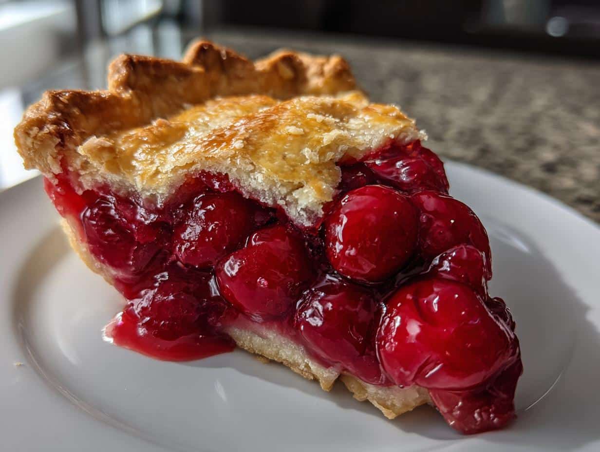 A close-up of a generous slice of The Perfect Cherry Pie Recipe on a white plate, showing the flaky crust and juicy red cherry filling.