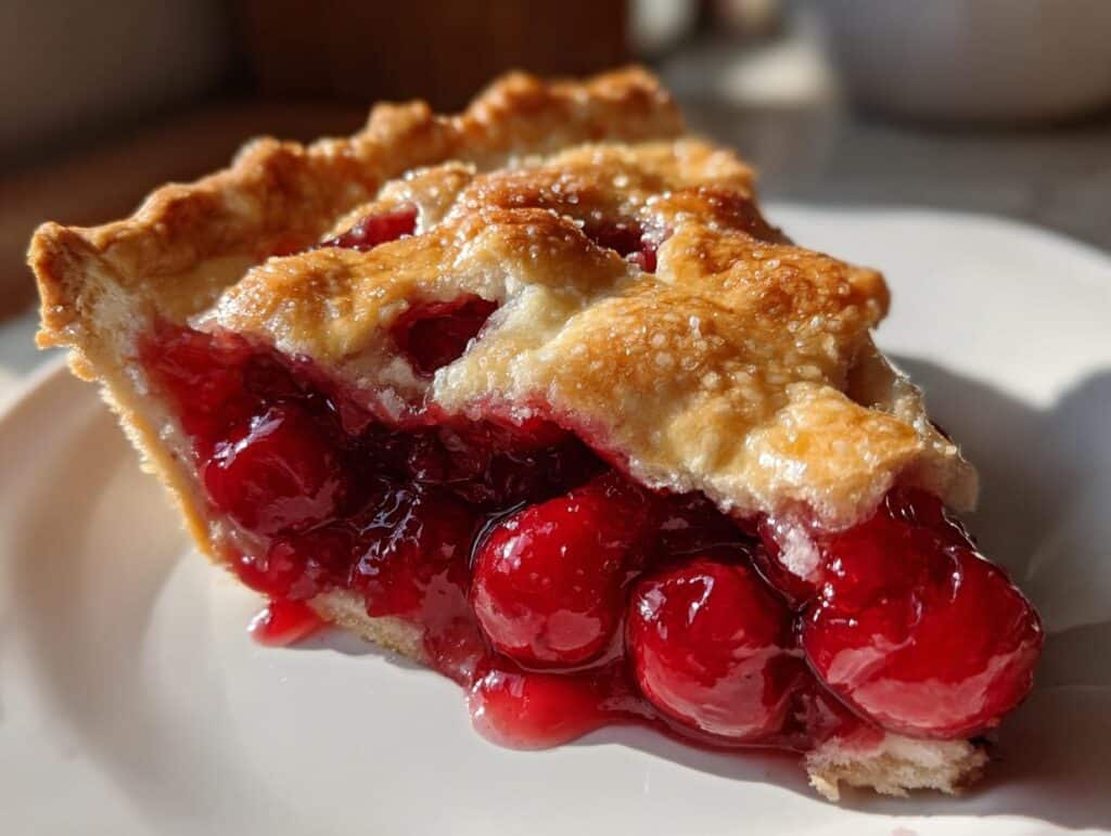 A close-up of a slice of The Perfect Cherry Pie Recipe, showing the flaky crust and glistening red cherry filling.