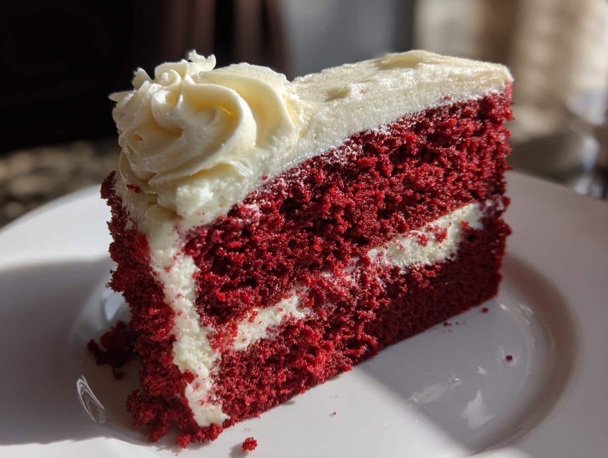 A close-up of a delicious slice of red velvet cake with creamy white frosting on a white plate.