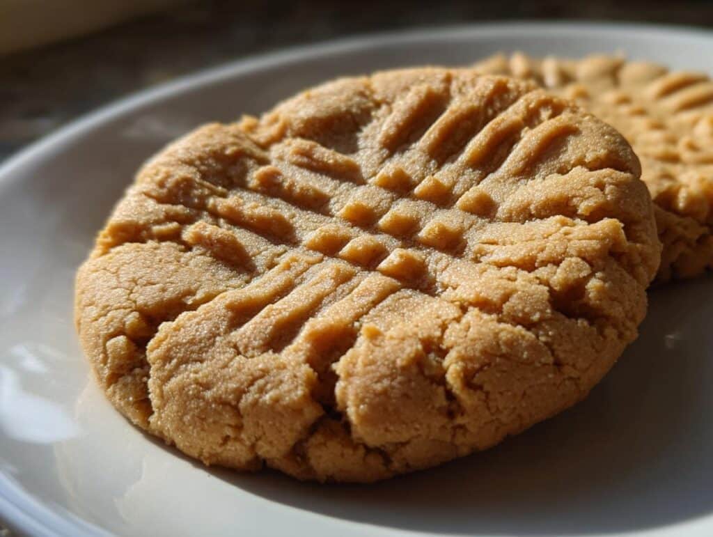 Close-up of a golden-brown peanut butter cookie with classic fork marks on a white plate.