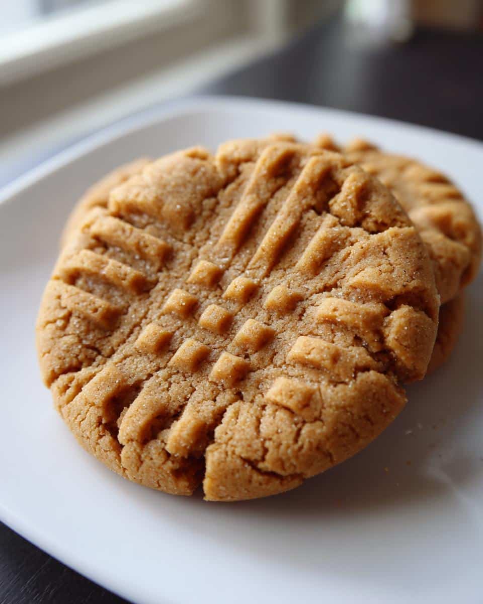 Close-up of a freshly baked peanut butter cookies on a white plate, showing the classic fork crosshatch pattern and sugar crystals.