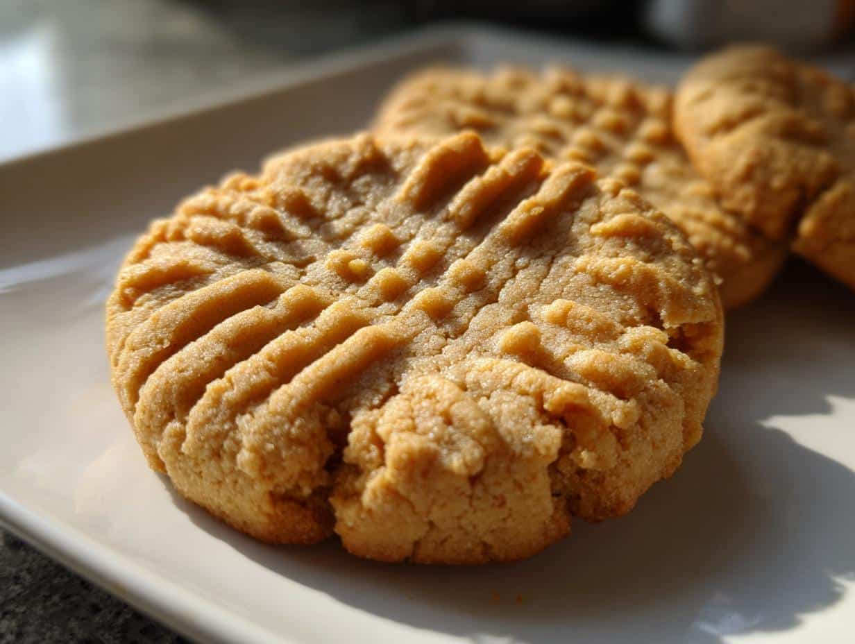 Close-up of a golden-brown peanut butter cookie with classic fork marks on a white plate, ready for the peanut butter cookies recipe.