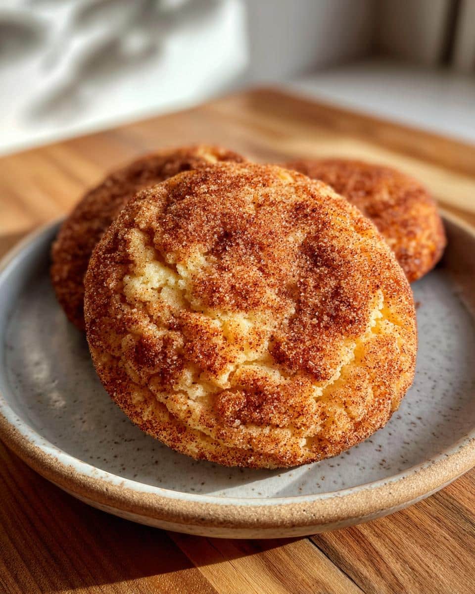 Close-up of two golden-brown snickerdoodle cookies covered in cinnamon sugar on a light gray plate.